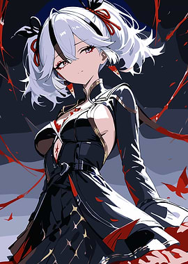 Anime girl in dark outfit with red accents