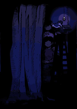 Children hiding behind a tree