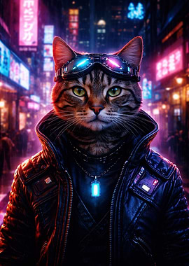 Cyberpunk Cat in Neon City