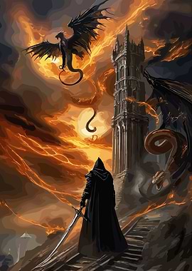Fantasy Warrior Facing Dragons and Tower