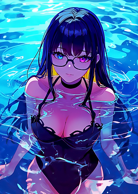 Anime Girl in Water with Glasses