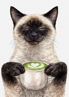 Siamese Cat Holding Matcha Latte