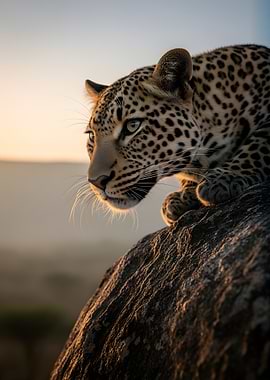 Leopard on a rock at sunset