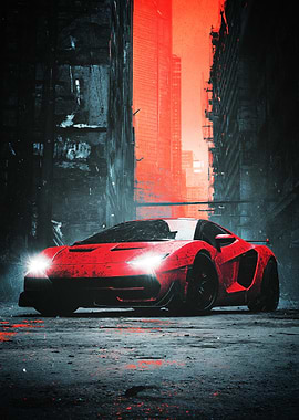 Red Sports Car in Futuristic City Poster