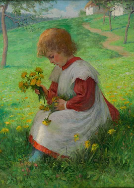 Girl Picking Dandelions in a Field