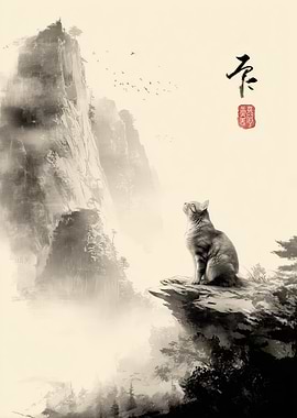 Cat Gazing at Misty Mountains