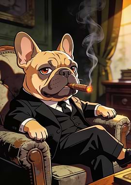 French Bulldog in Suit Smoking Cigar