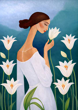 Woman smelling lilies in a garden