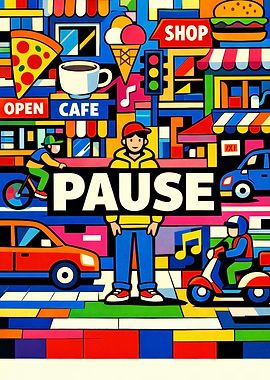Urban Scene with 'PAUSE' Text