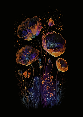 Glowing Poppies on Black Background