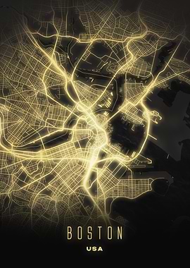 Boston, Massachusetts - Luminous Streets Map Poster, USA Wall Art