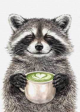 Cute Raccoon Holding Matcha Latte