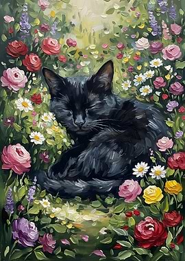Black Cat Sleeping Among Flowers