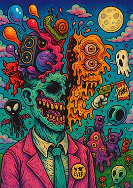 Surreal Zombie Head with Monsters and Aliens