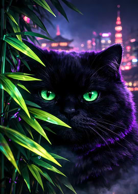 Black Cat Portrait Emerald Eyes Peeking Green Foliage