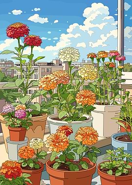 Balcony Garden with Zinnias