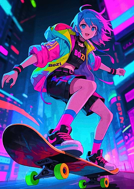 Anime Skater Girl in Neon City
