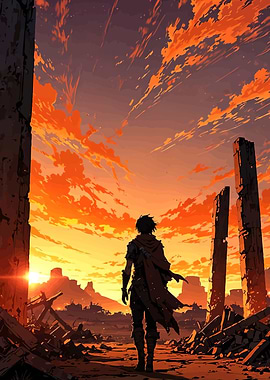 Lone figure in a ruined landscape at sunset