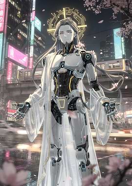 Cyberpunk Robot with Halo in City