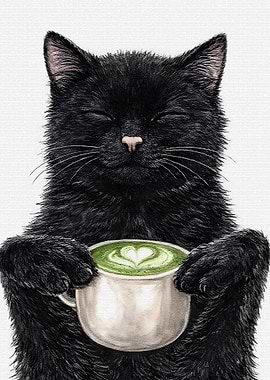 Black Cat Holding Matcha Latte