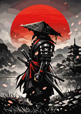 Samurai reflection under the red moon