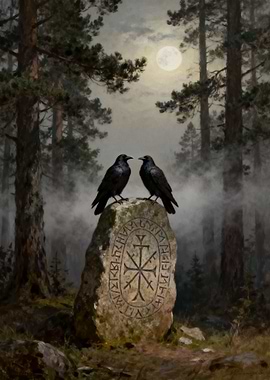 Two Ravens on a Rune Stone