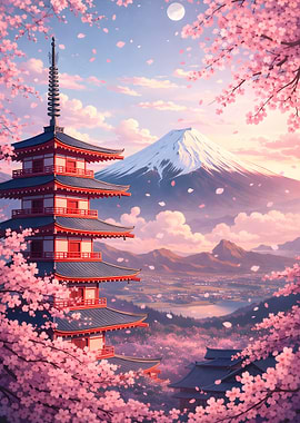 Mount Fuji Pagoda Cherry Blossoms