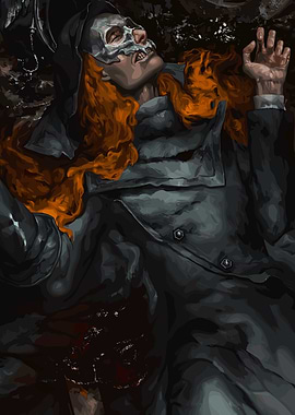 Gothic Figure with Skull Mask and Red Hair