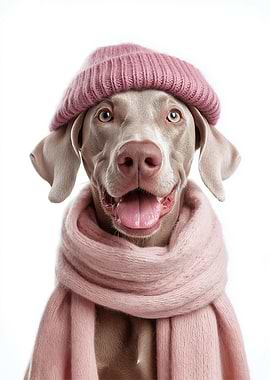 Cozy Weimaraner dog Wearing Pink Scarf and Beanie