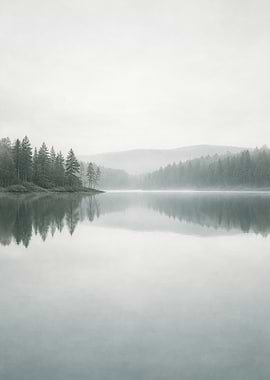 Misty Lake and Forest Reflection