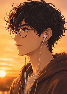 Boy with glasses listening to music