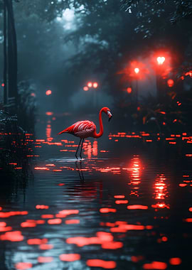 Flamingo in a mystical red-lit forest