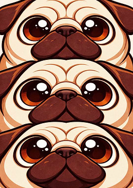 Three Cute Pugs Stacked
