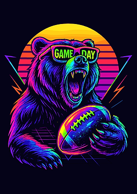 Game Day Bear Poster, Retro Neon Football Wall Art, 80s Style Sports Illustration Print