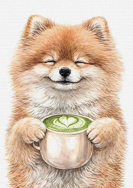 Cute Pomeranian with Matcha Latte