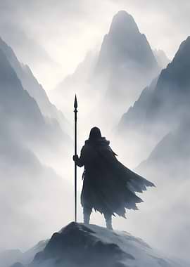 Warrior on a Misty Mountain Peak