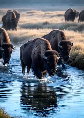 Bison herd crossing a stream