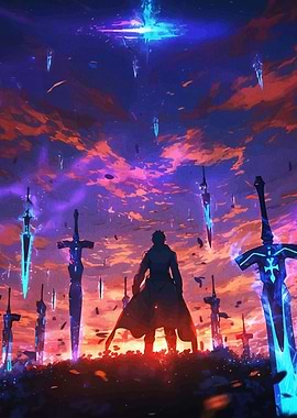 Man standing in a field of swords