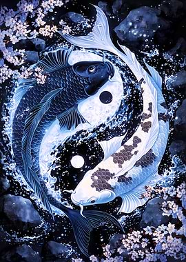 Yin Yang Koi Fish and Cherry Blossoms