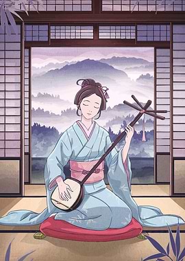 Woman playing shamisen Japanese
