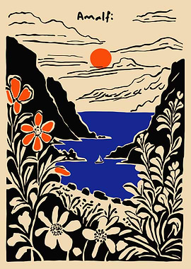 Amalfi Coastline with Sailboat and Flowers