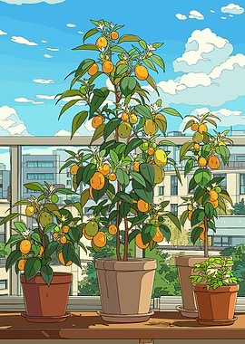 Potted Citrus Trees on a Balcony