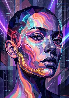 Cyberpunk Portrait with Neon Circuits