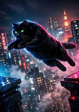 Black Cat Mid Air Leap Rooftop Neon Night
