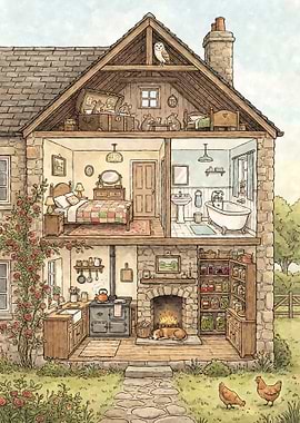 Cozy Country House Cutaway Illustration