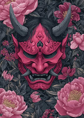 Oni Mask with Pink Flowers