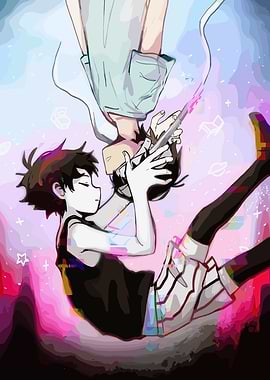 Two figures in a surreal, colorful space