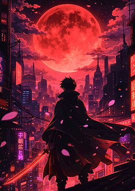 Anime Samurai Under Red Moon