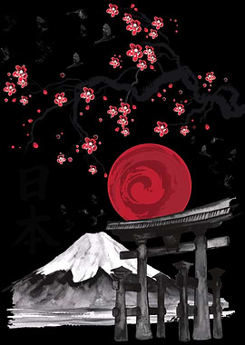 Japanese Landscape with Cherry Blossoms