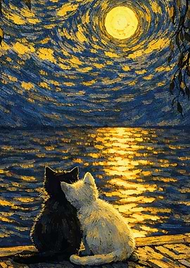 Love Cats by the Moonlit Sea